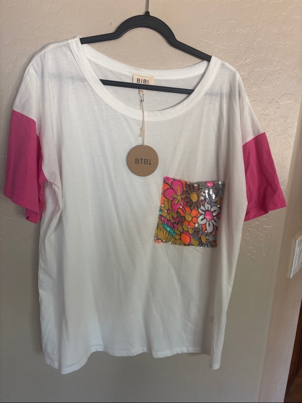 BiBi White Tee with Pink Sleeves and Sequin Floral Pocket